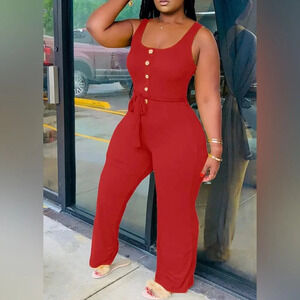 Womens Casual Wide Leg Jumpsuits Sleeveless,Button Down Long Pants Playsuit